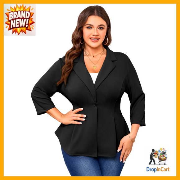Plus Size Blazer Notched Lapel Tailored Jacket 3/4 Sleeve Office Casual Chic